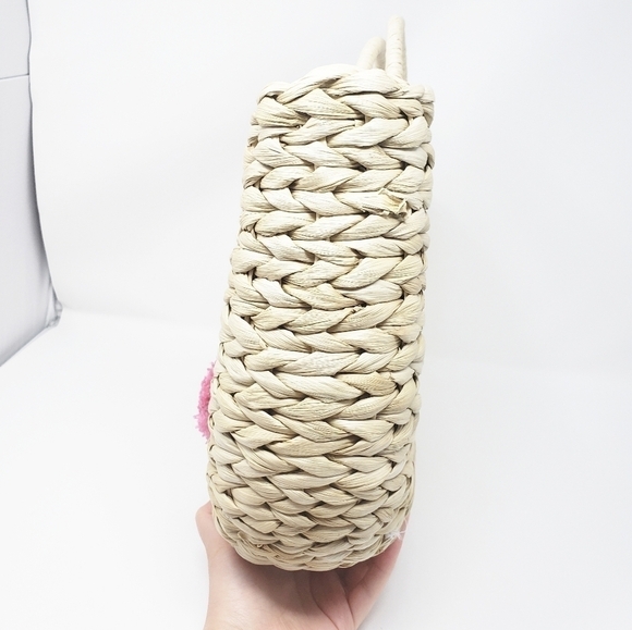 Summer rattan beach tote bag with pom pom barbiecore pink - Picture 5 of 7